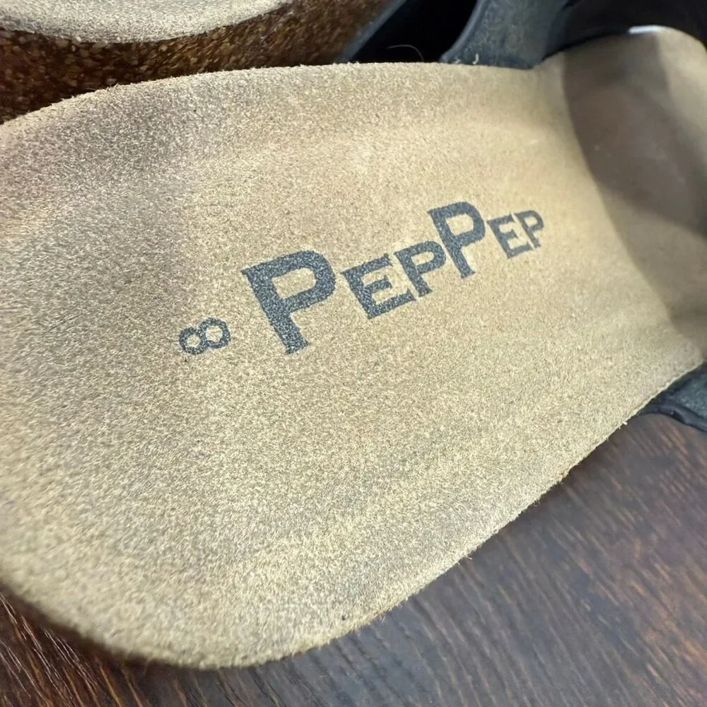 PepPep Womens black cork low wedge slide size 8